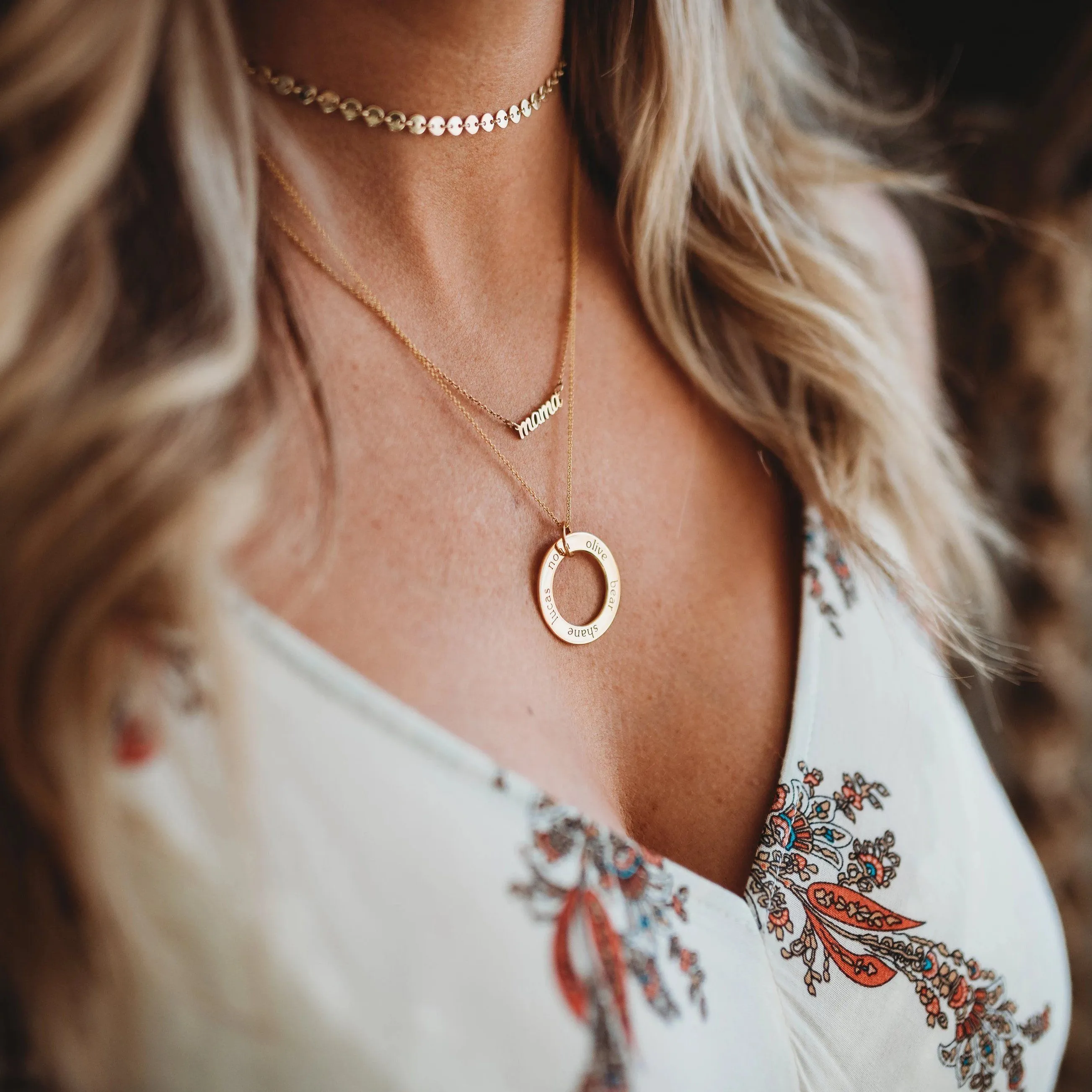 14k Gold Circle Pendant Necklace - 2 Names