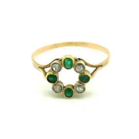 Antique Victorian Diamond & Emerald 9ct Gold Halo Ring