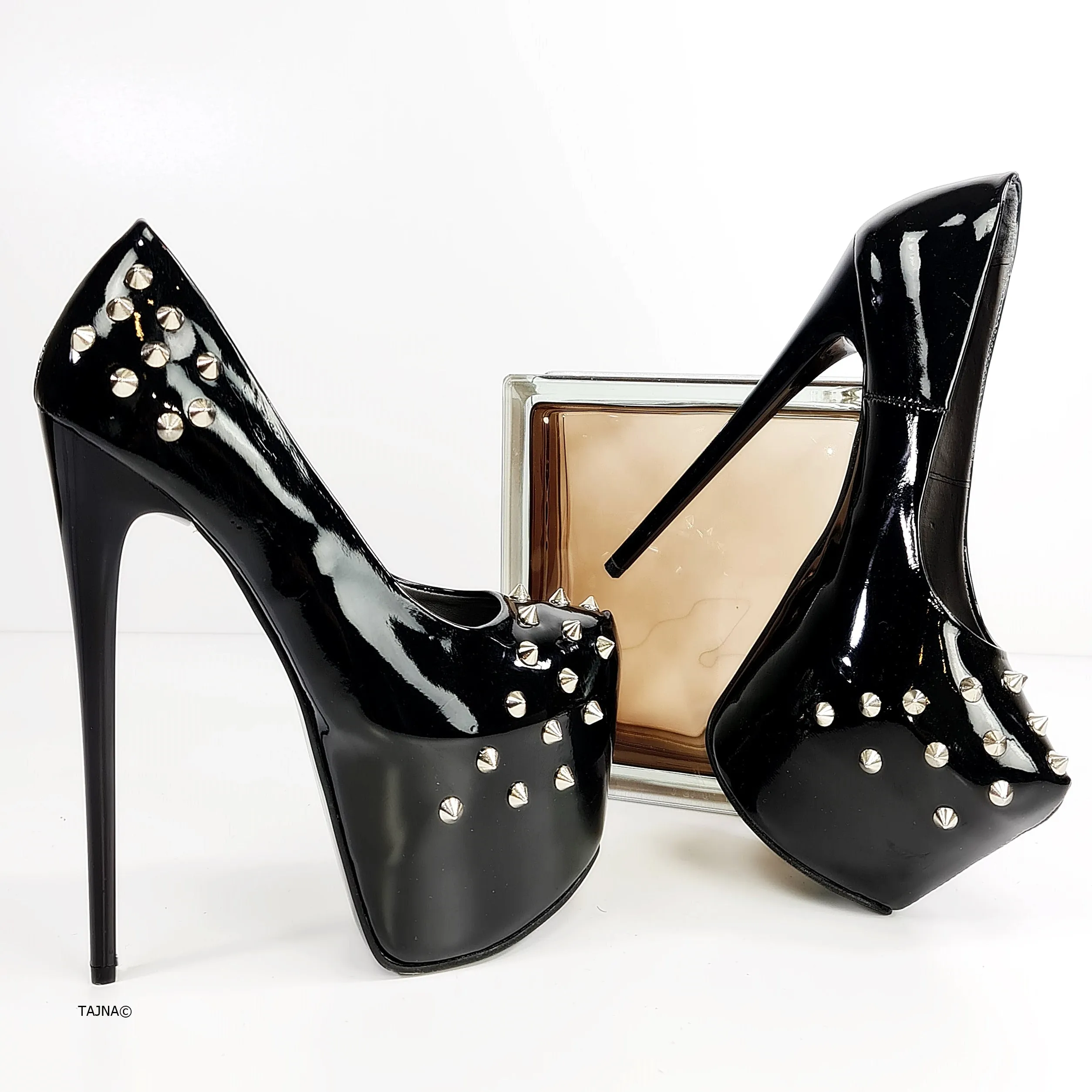 Black Gloss Spike Studded High Heels