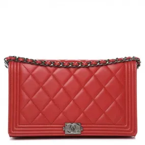 Chanel Boy Quilted Wallet On Removable Chain Woc Red Lambskin Leather