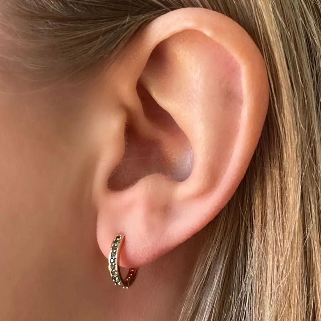 Cubic Zirconia Rose Gold Huggie Hoops - Emerald