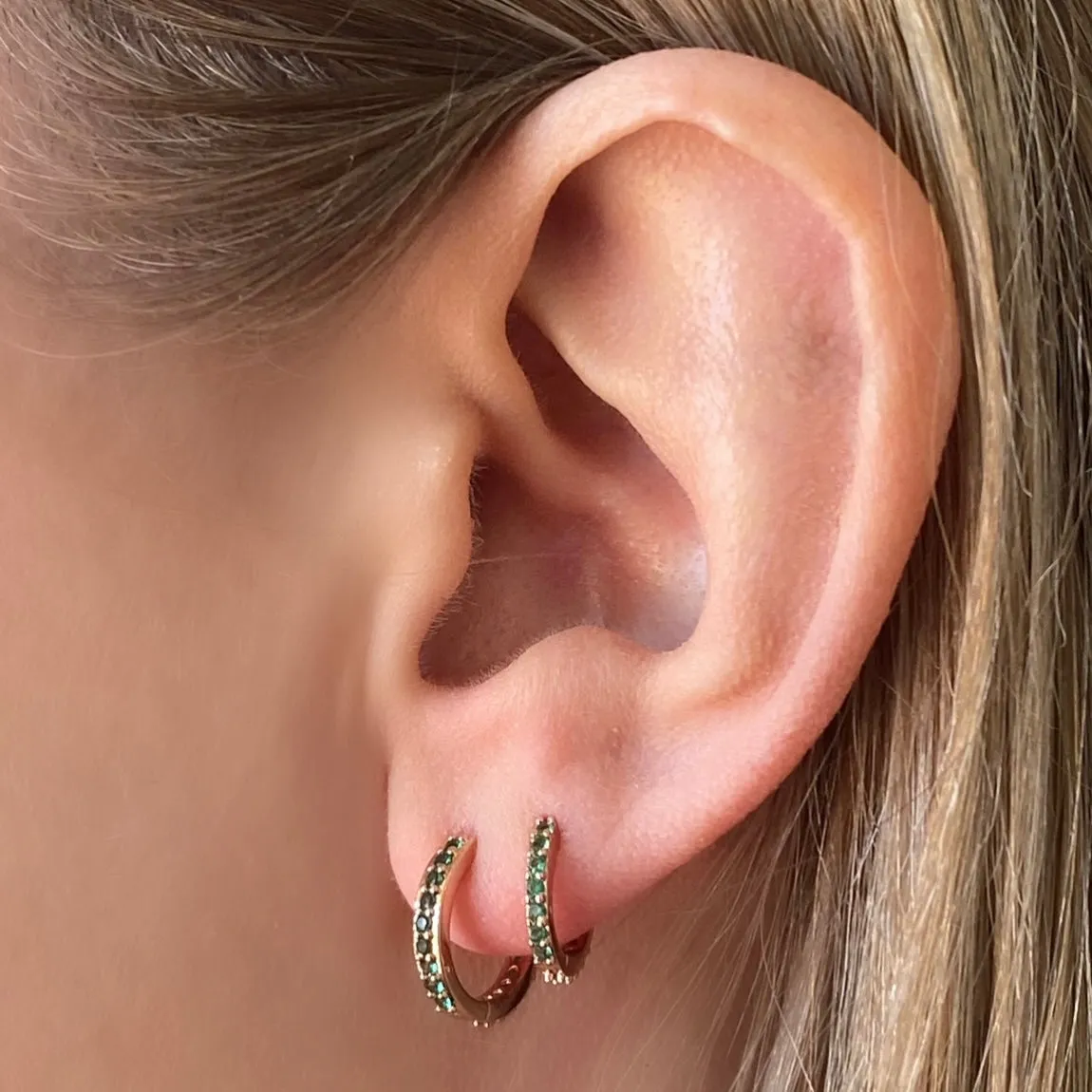 Cubic Zirconia Rose Gold Huggie Hoops - Emerald