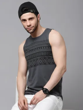 Dark Grey Placement Print Sleeveless T-Shirt Vest With Curved Bottom