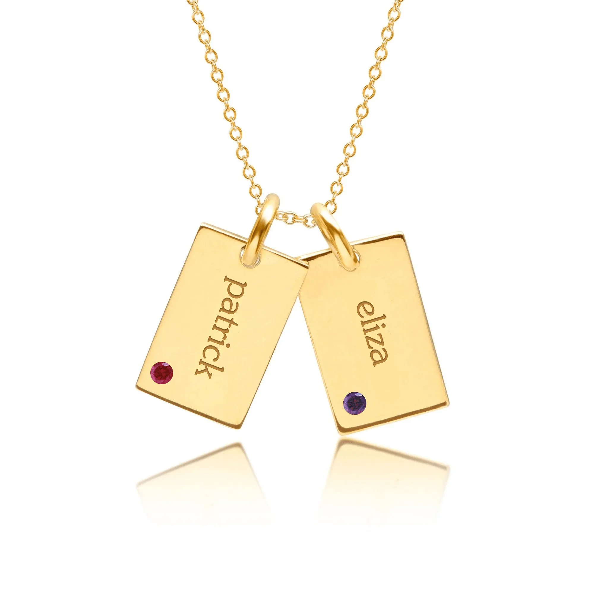 Gold Mini Dog Tag Necklace - 2 Names With Birthstones