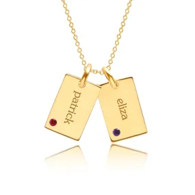 Gold Mini Dog Tag Necklace - 2 Names With Birthstones