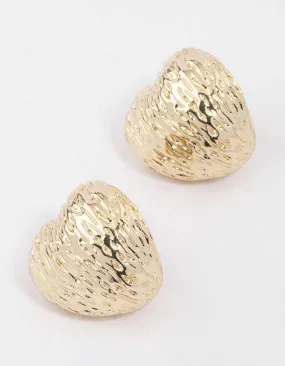 Gold Puffy Textured Heart Stud Earrings