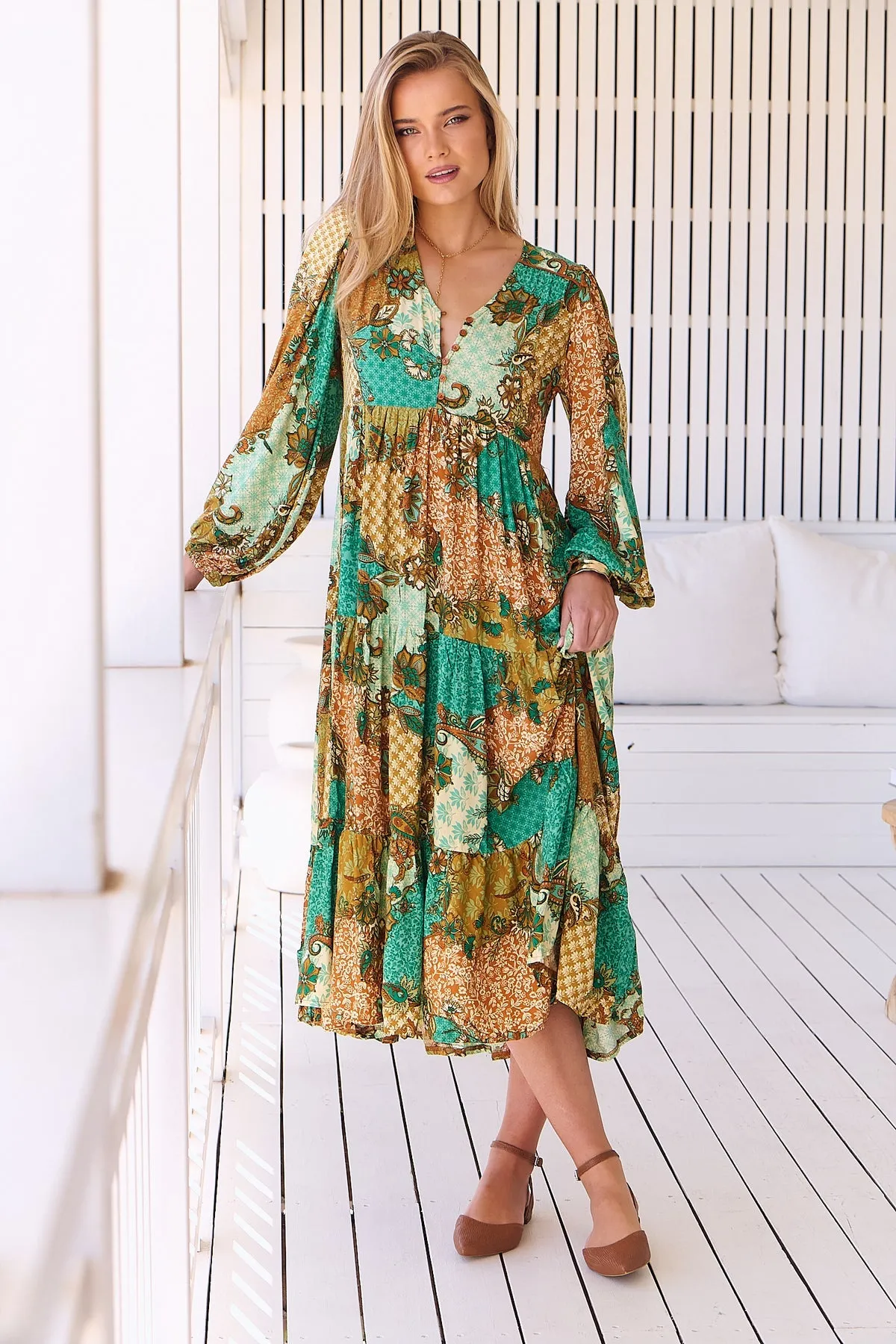 Jaase Eve Midi Dress with Long Billowy Sleeve - Wanderlust