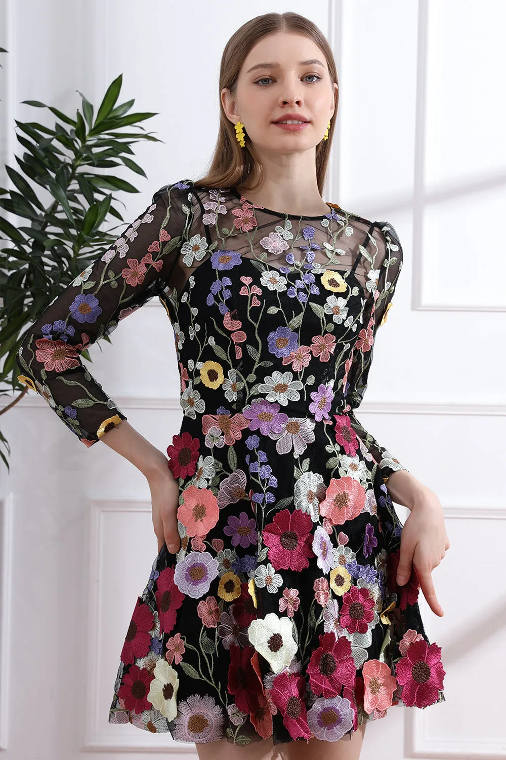 Long Sleeves O Neck Colorful Floral Embroidery Black Dress