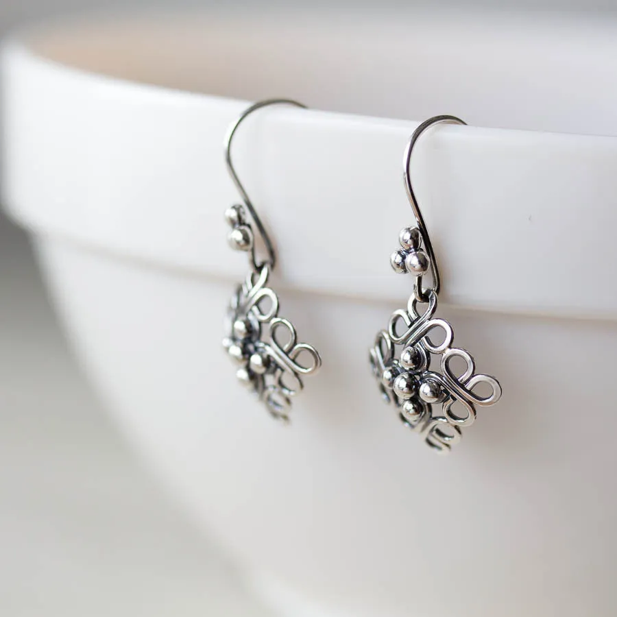 Ornamental Domed Square Earrings, Short Oxidized Silver Dangles