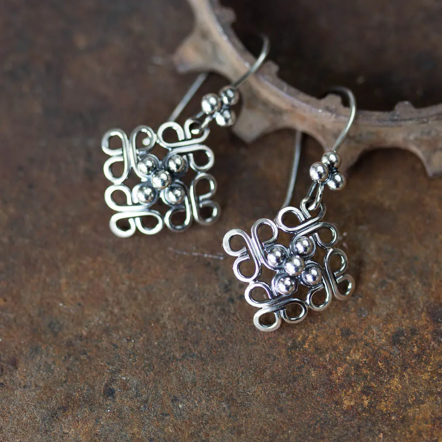 Ornamental Domed Square Earrings, Short Oxidized Silver Dangles