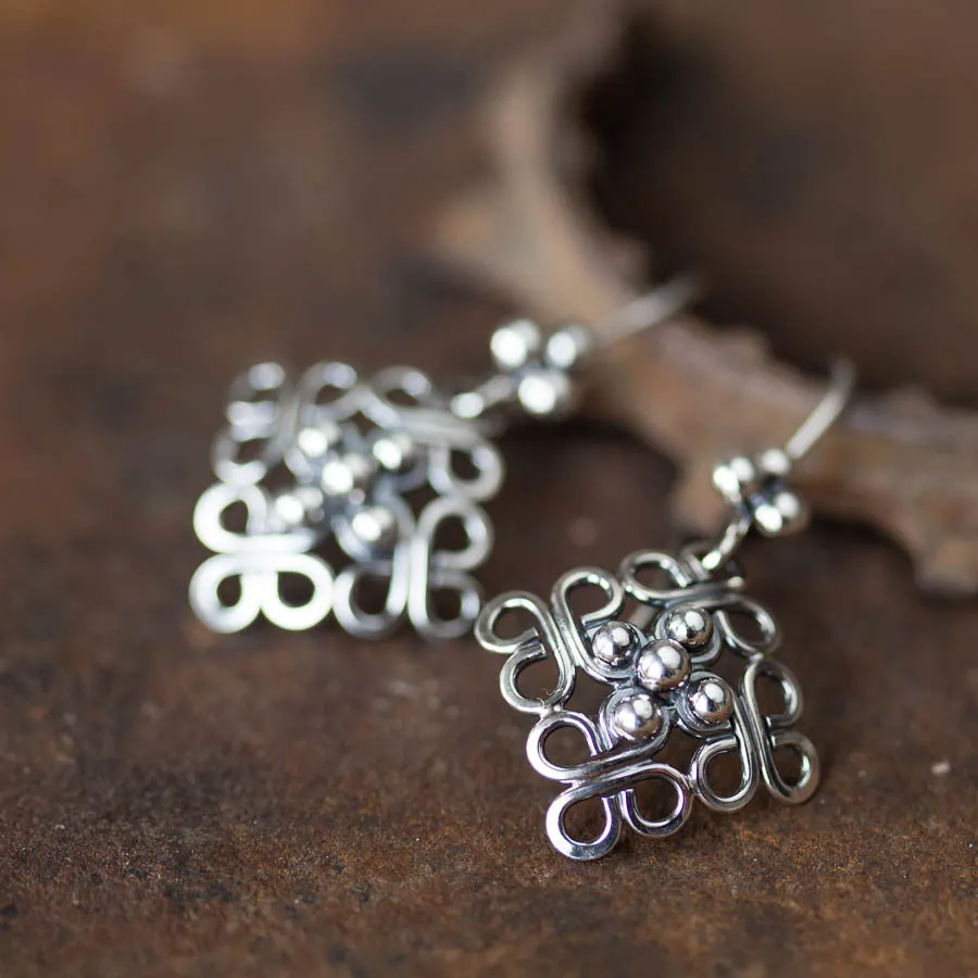 Ornamental Domed Square Earrings, Short Oxidized Silver Dangles