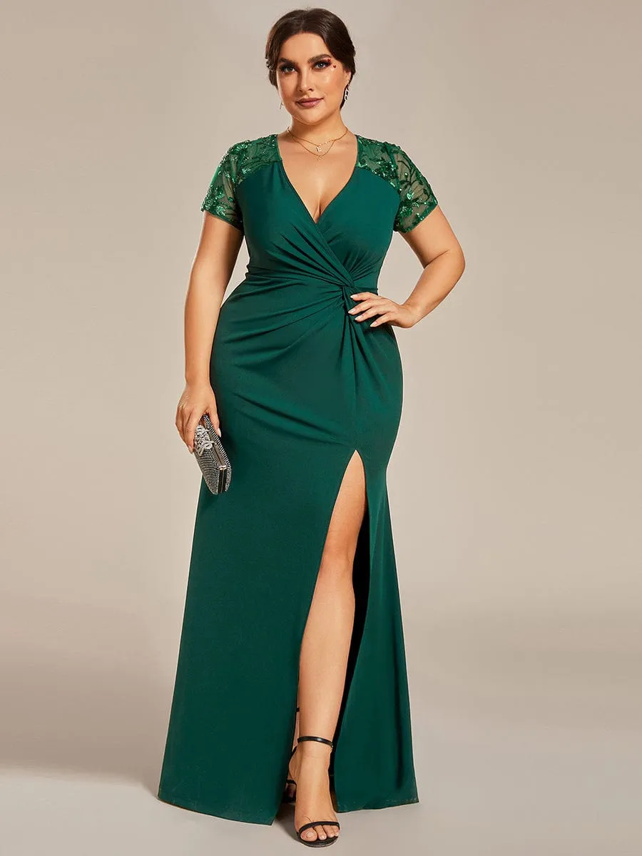 Plus Size Front Slit Short Sleeve With Sequin Formal Evening Dresses