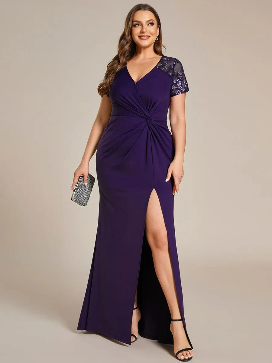 Plus Size Front Slit Short Sleeve With Sequin Formal Evening Dresses