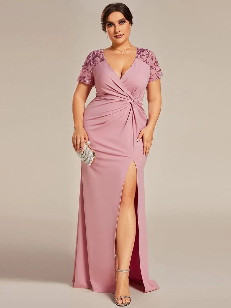 Plus Size Front Slit Short Sleeve With Sequin Formal Evening Dresses