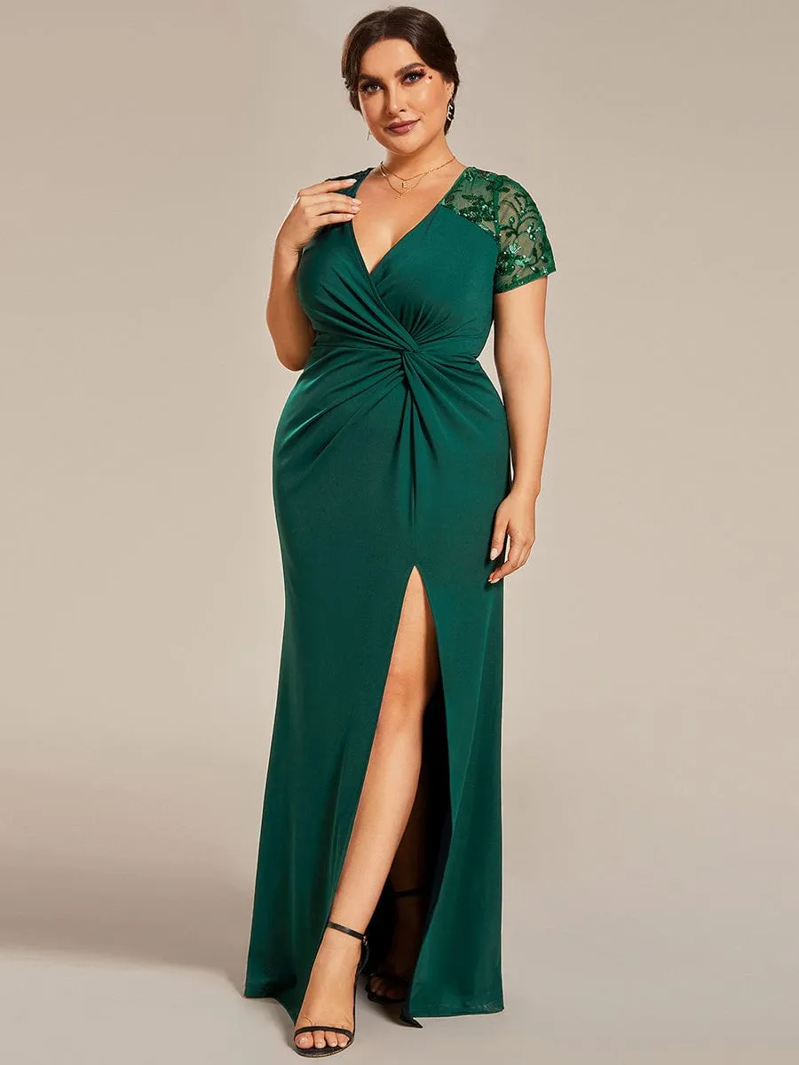 Plus Size Front Slit Short Sleeve With Sequin Formal Evening Dresses