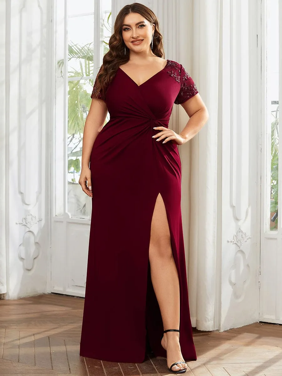 Plus Size Front Slit Short Sleeve With Sequin Formal Evening Dresses