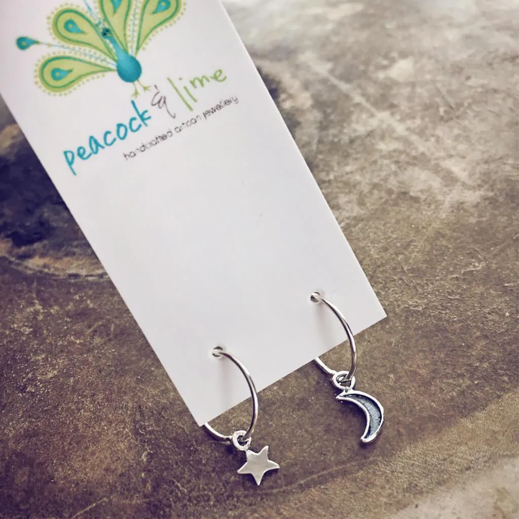 solasta // teeny tiny sterling silver star and crescent moon hoop earrings