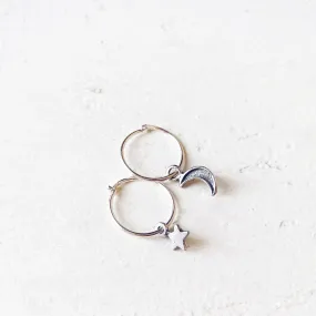 solasta // teeny tiny sterling silver star and crescent moon hoop earrings