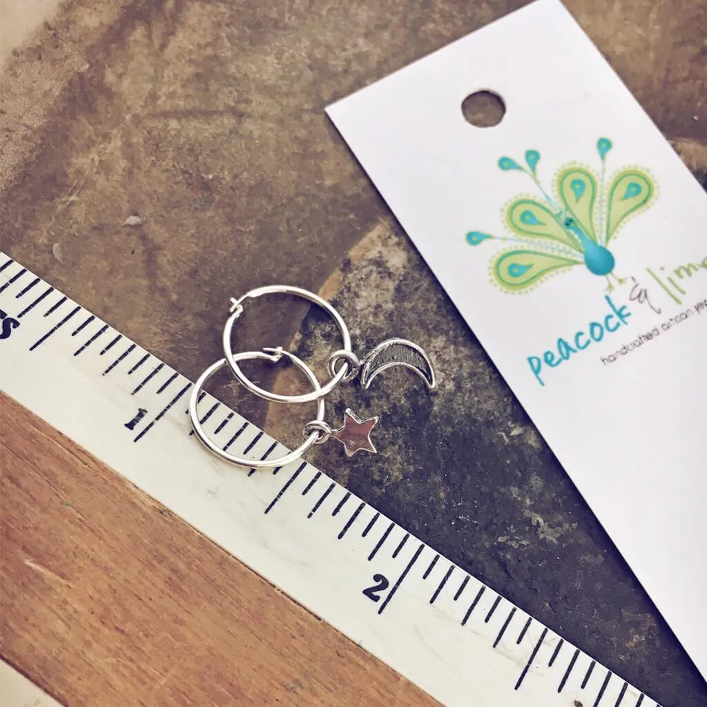 solasta // teeny tiny sterling silver star and crescent moon hoop earrings