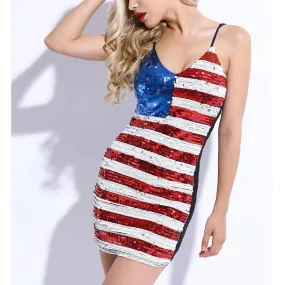 v exy V-Ausschnitt, ärmellos, amerikanische Flagge, Sterne, Streifen, schmales Club-Kleid, glänzendes Paillettenkleid mit US-Flagge, figurbetontes Unterkleid im Minikleid